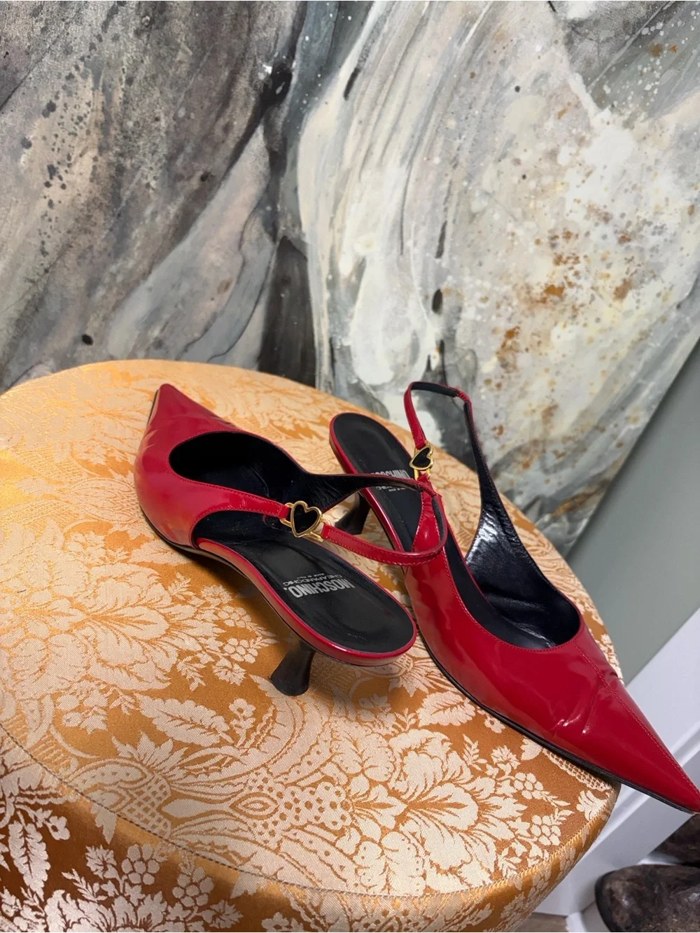 Moschino CheapandChic Red Patent Leather Heart Sling-Back Heels Size 40